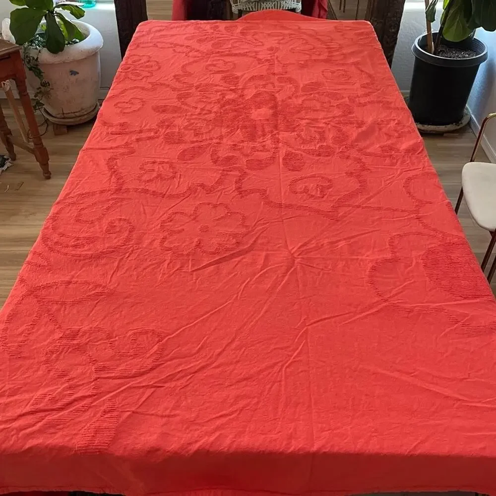 Vintage Red Cotton Chenille Queen Bedspread Floral Tufted Embroidered Design